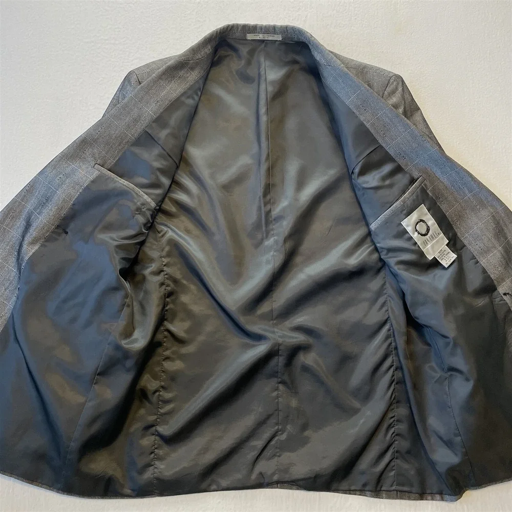 Vtg 42R SIlver Windowpane Check Double‎ Breasted Blazer Jacket Sport Coat
